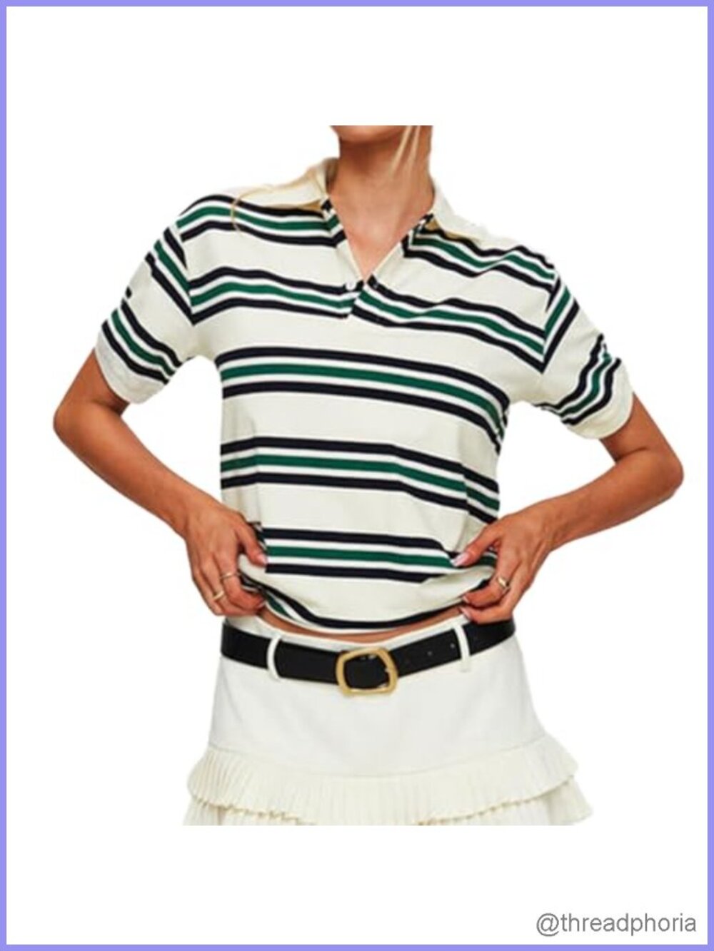 Striped Rugby Polo Shirt Women Y2K Grunge Collared Button Preppy Short Sleeve